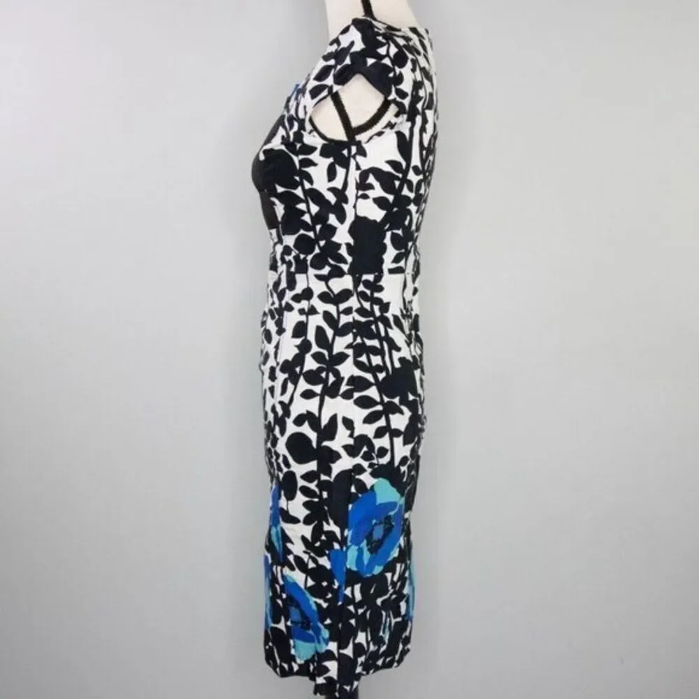 Vintage floral print black white, square neck,‎ bubble short sleeve sheath dress